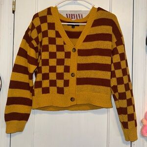 Almost Famous Women's Checkered Burgundy and Yellow Cardigan